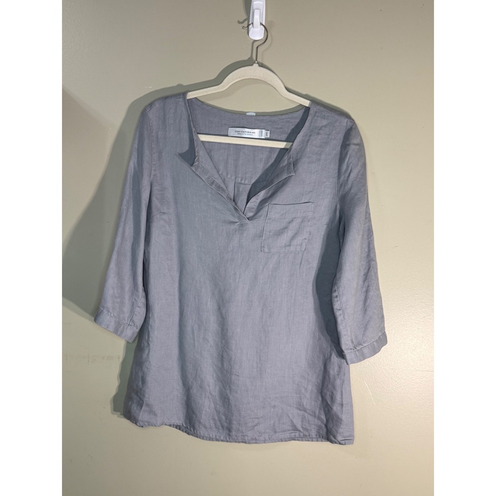 Contemporaine Simons Grey Linen Split Neck Tunic Top 3/4 Sleeve Size M